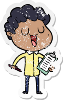 distressed sticker of a laughing cartoon man with clipboard and pen png