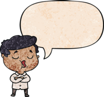 cartoon man talking and speech bubble in retro texture style png