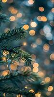 AI generated Festive Christmas tree branch with golden bokeh lights photo
