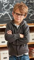 AI generated Confident young student stands against chalkboard photo