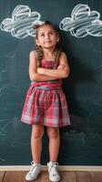 AI generated Young girl pondering with chalk clouds on blackboard photo