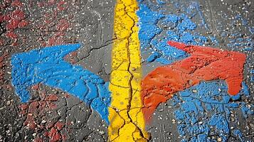 AI generated Colorful arrows on wet asphalt pointing in opposite directions photo