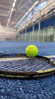 ai generado de cerca tenis pelota en raqueta a interior Corte foto