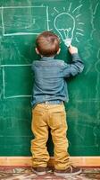 AI generated Young boy drawing a light bulb on chalkboard in classroom photo