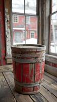 AI generated Vintage red barrel in a rustic wooden interior photo