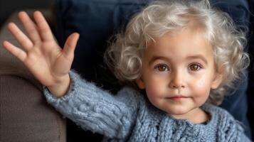 ai generado retrato de un sonriente niño en un azul suéter ondulación foto