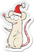 retro distressed sticker of a cartoon mouse wearing christmas hat png