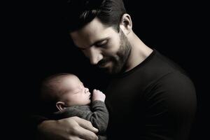 ai generado un orgulloso padre participación su bebé en su brazos. ai generado foto
