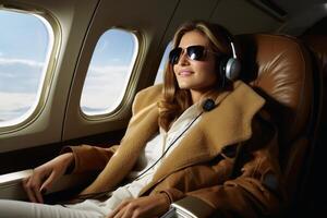 AI generated A passenger in the first class of an aircraft. AI generated photo