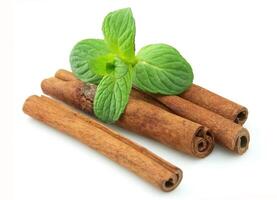 Sticks of cinnamon with mint photo
