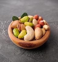 Mix of nuts in wooden plate photo