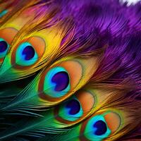 AI generated Colored peacock feathers close-up photo