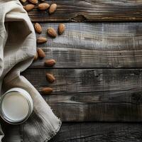 AI generated Almonds milk on wooden backgrounds. photo