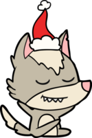 friendly line drawing of a wolf sitting wearing santa hat png