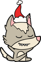 desenho de linha amigável de um lobo sentado usando chapéu de papai noel png