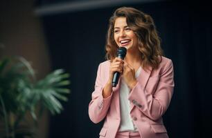 ai generado negocio mujer en su rosado atuendo Hablando en etapa foto