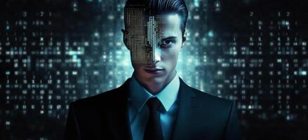 AI generated hacker in black suit with digital codes on his face photo