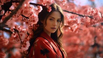 ai generado hermosa mujer yendo mediante Cereza flores en un rojo kimono foto