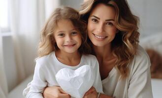 ai generado mamá y joven niña con blanco corazón foto