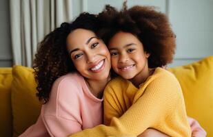 AI generated mother daughter hugging on sofa photo