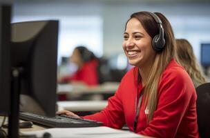 ai generado sonriente mujer trabajando en frente de computadora foto