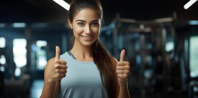 AI generated Young woman showing thumbs up at gym photo