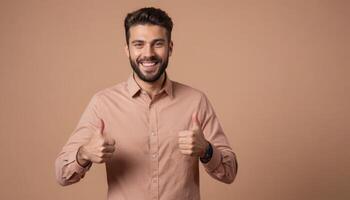 AI Generated A bearded man in a button-up shirt shows double thumbs up with a big grin, indicating success and happiness. photo