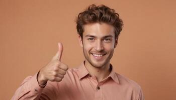 AI Generated A young man with curly hair flashes a thumbs up and a bright smile, wearing a casual salmon-colored shirt. photo