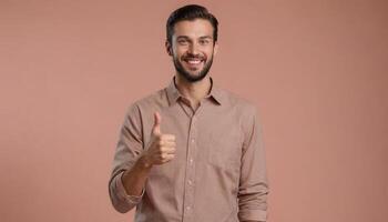 AI Generated A man with a stubble beard and a pleasant expression is giving a thumbs up, dressed casually in a light brown shirt. photo