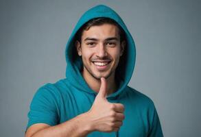 AI Generated A man in a turquoise hoodie with a cheerful smile gives a thumbs up, his casual and relaxed attire adding to the friendly vibe. photo