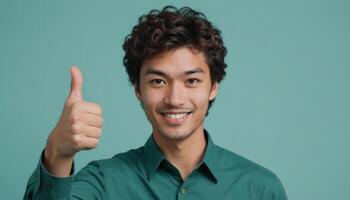 AI Generated A charming young man with curly hair and a teal shirt gives a thumbs up, his friendly demeanor shines through. photo