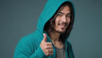 AI Generated A man with long hair and a hooded sweatshirt gives a thumbs up, his casual look suggests a relaxed and positive vibe. photo