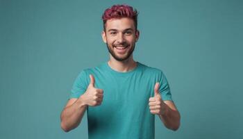 ai generado un elegante joven hombre con rosado pelo da dos pulgares arriba, su vibrante camiseta y expresión reflejar un animado personalidad. foto