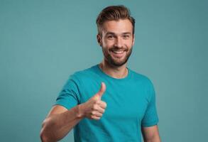 AI Generated A bearded man in a teal t-shirt shows a thumbs up, his friendly appearance radiates trust and approval. photo