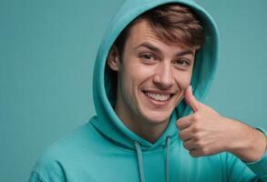 AI Generated A cheerful man in a teal hoodie gives a thumbs up, his playful expression and casual attire suggest a relaxed and joyful demeanor. photo