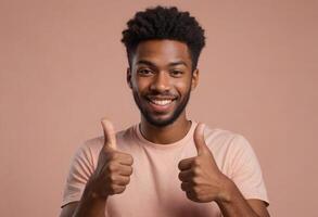 AI Generated A man with a cheerful smile and double thumbs up wearing a peach-colored t-shirt. photo