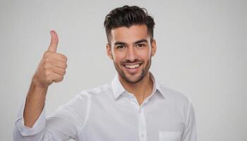 AI Generated A well-groomed man in a white shirt shows a thumbs up, his bright expression speaks of friendliness and positive affirmation. photo