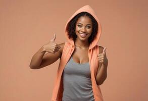 AI Generated A cheerful woman in a hoodie gives a thumbs up, smiling broadly. photo
