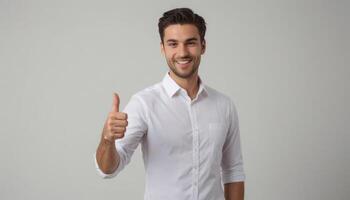 AI Generated A friendly young man in a white shirt giving a thumbs up, his expression is welcoming and positive. photo