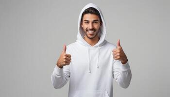 AI Generated A man in a hoodie smiling and giving double thumbs up, his cheerful attitude and casual style suggesting easy-going confidence. photo