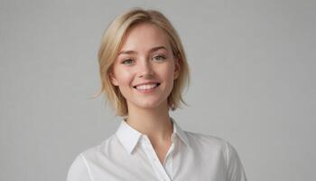 ai generado un confidente rubia mujer en un blanco camisa sonrisas, exudando profesionalismo y positividad con un sutil fondo. foto