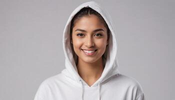 AI Generated A smiling woman in a white hoodie looks directly at the camera, her friendly demeanor is inviting and warm. photo