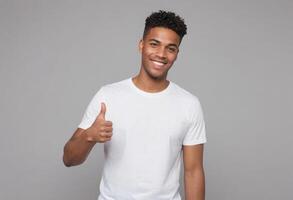 AI Generated A man in a white tee showing a thumbs up, his casual appearance and cheerful demeanor are inviting. photo