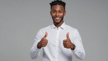 AI Generated A man in a white shirt gives two thumbs up, his expression is confident and the gesture indicates strong approval. photo