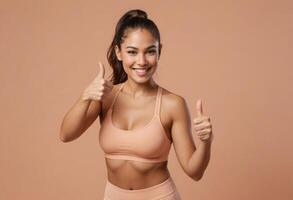 AI Generated An athletic young woman in a sports top gives a double thumbs up, her face exuding joy and confidence. photo