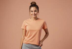 AI Generated A young woman with a top knot smiles casually, wearing a soft peach t-shirt and comfortable pants. photo