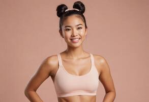 AI Generated A fit young woman stands in a sports bra, ready for a workout. Her hair is styled in double buns, adding a playful touch to her active look. photo
