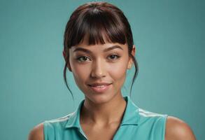 AI Generated An elegant woman with a subtle smile wears a teal sleeveless top. photo