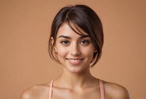 AI Generated A chic young woman with a sleek bob hairstyle smiling gently. photo