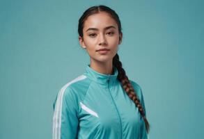 AI Generated An athletic woman with a braid stands confidently in a light blue sports jacket. photo